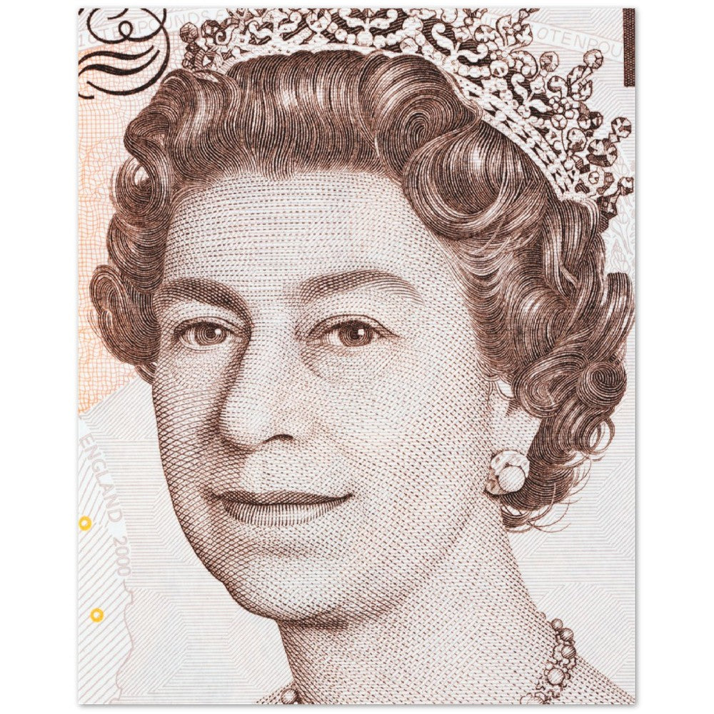 RIP Queen Elizabeth II portrait pound note, iconic picture, minimalistic poster, wall art monarch, photograph, vintage poster